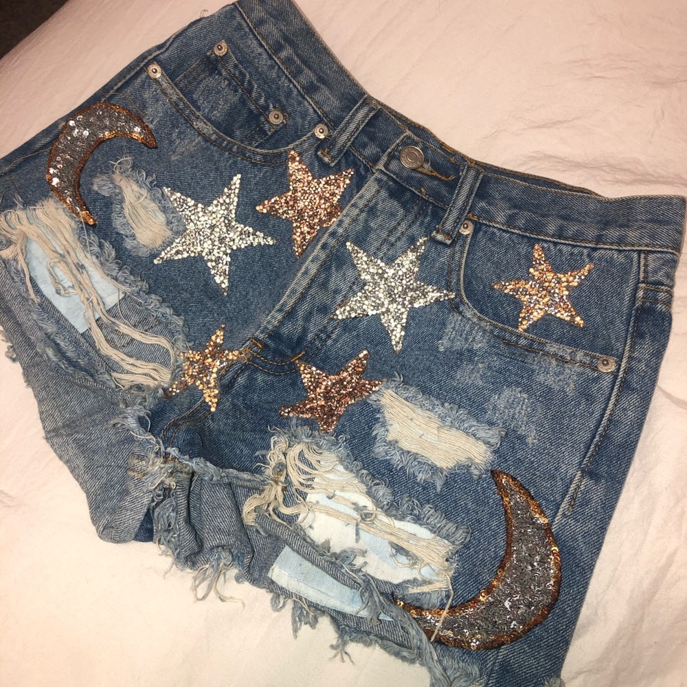 Star and moon rhinestone denim shorts